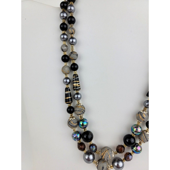 Necklace 2 Strand Black Gray Silver Design Beaded Vintage Marked Japan 13 15 in - Picture 3 of 11